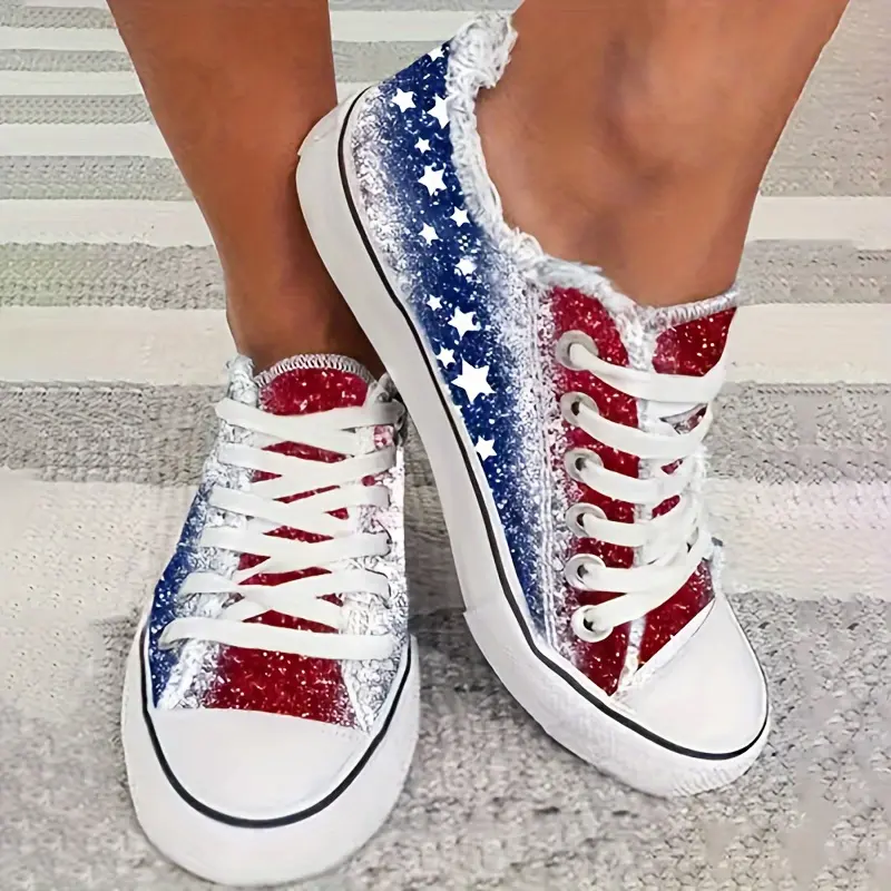 Women's American Flag Canvas Sneakers, Stars & Stripes Low-Top Shoes, Casual Footwear For Independency Holidays Summer Casual Shoes For Independence Day