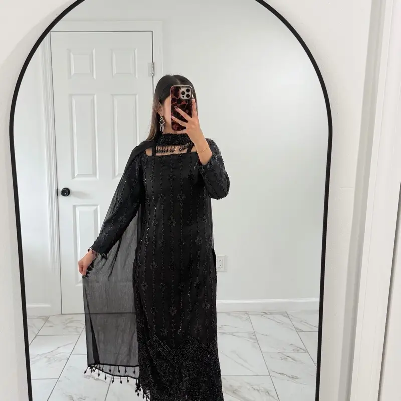 Women's Pakistani Wedding Dress - Eclipse Black Long Kameez with Cutdana Work, Choker Dupatta with Tassels, Womenswear