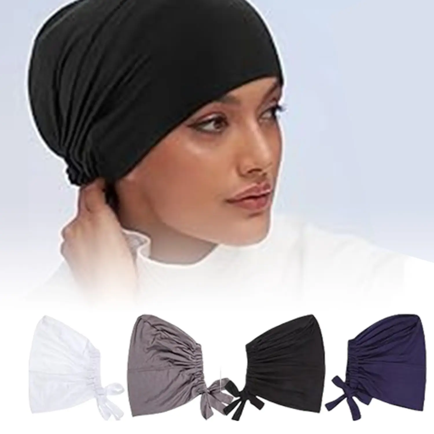 Women's Daily Islamic Hijab Undercap Set (4 Pcs) - Muslim Inner Scarf Hat Turban with Tie-Back Closure, Hair Accessory Gift for Home Bathroom Shower Use