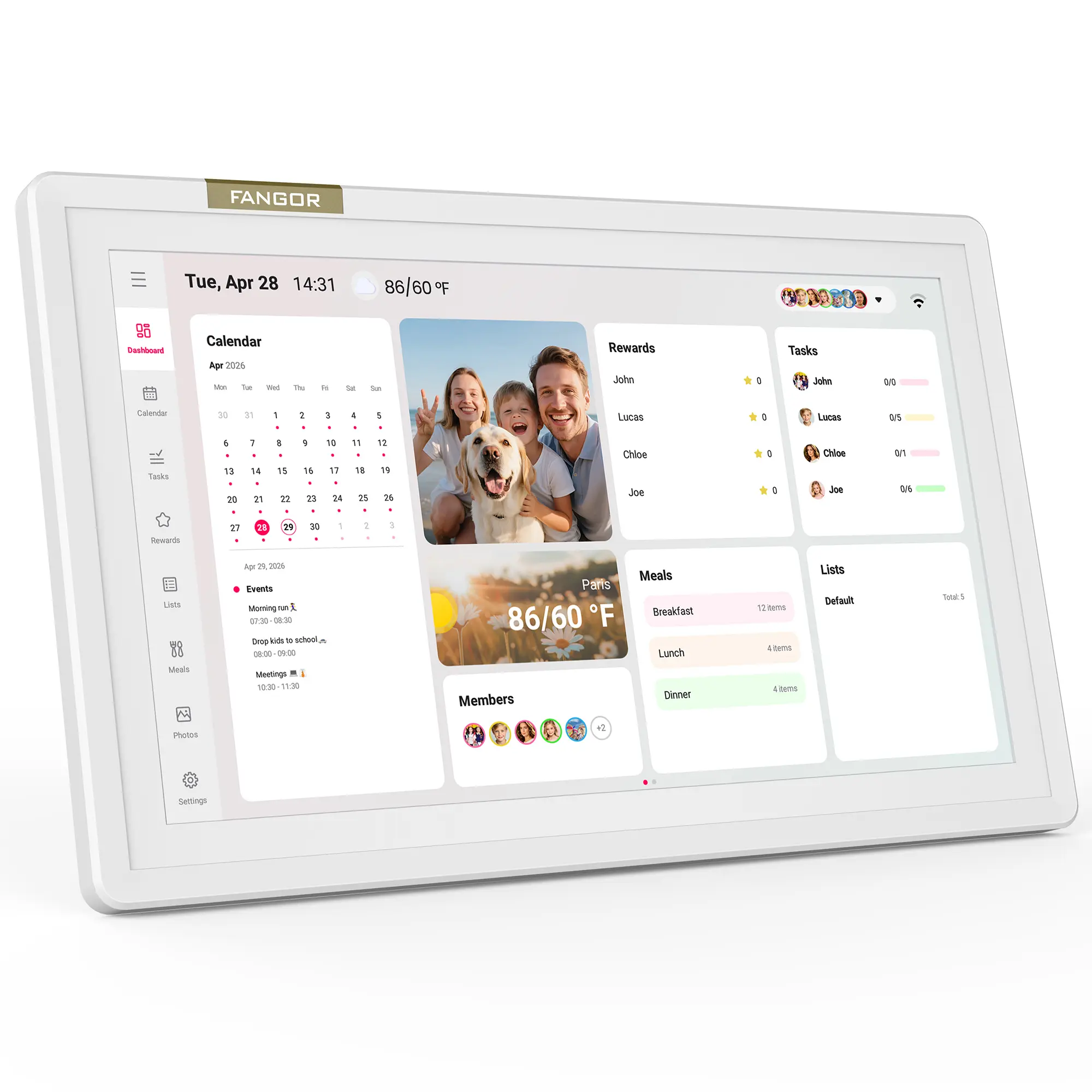 Fangor 15.6 Inch Smart Digital Calendar for Family,Electronic Calendar with Chore Chart,Full HD Interactive Touchscreen Display,Wall Mount & Desk Stand,Built-in Digital Photo Frame,Gift for Parents & Kids