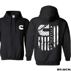 Cummins Hoodie – Pullover with American Flag Distressed Logo Back Print and Front Emblem, Warm Hooded Sweatshirt Style Top for Truck and Diesel Fans