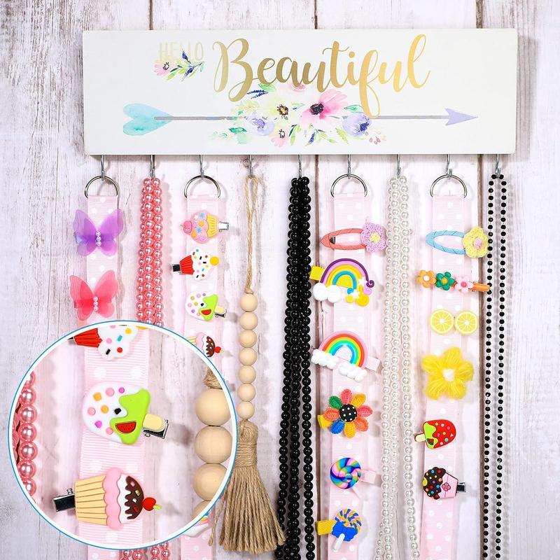 Jetec Hello Beautiful Wall Mount Jewelry Holder with 9 Hooks for Room Decorative Hair Bow & Earring Organizer Lightweight Wood & Metal Hooks 14x4 Inches Hangable Bracelet Display