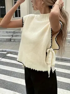2026 Women's New Spring & Fall Colorblock Elegant Tie-Back Knit Vest, Casual Loose-Fitting Outer Vest, Acrylic Material, Tops