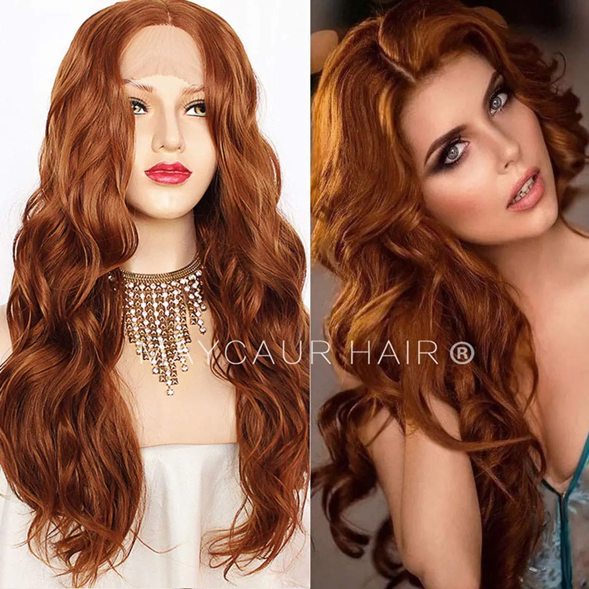 Female Ginger Orange Synthetic Lace Front Wig - Long Loose Curly, Half Hand Tied, Heat Resistant Soft Fiber Hairpiece