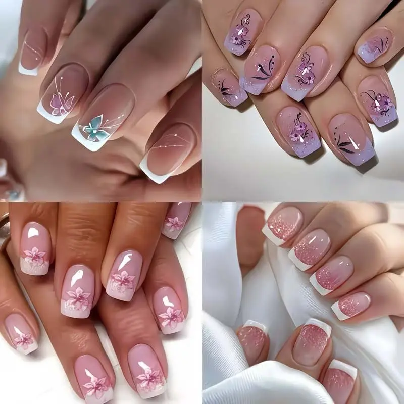 4 Styles Nail Art Set, 96 Pieces Short Press-On Nails, Full Cover Nails, Floral Press On Nails, Flowers and Nude Glitter, Daily Wear, 4 Colors, Model 53hl-04