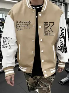 Men's Sportswear Baseball Jacket Letter K New York Fashion Print, Casual Fitted Design, All Season Versatile Outerwear
