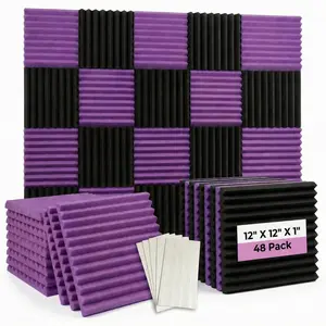 48 pieces of black and purple acoustic foam panels, suitable for walls, 1 X 12 X 12 inch acoustic foam panels, high-density acoustic panels, noise reduction studio wedges