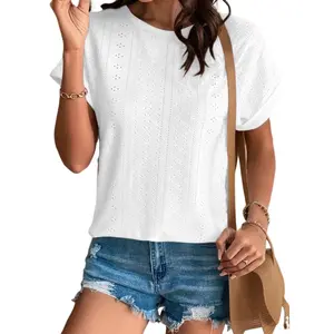 Dokotoo Women's Tops Dressy Casual Crew Neck Short Sleeve Hollow Out Lace Embroidered Blouses Shirts