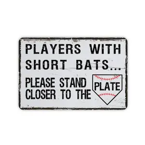 Players With Short Bats Please Stand Closer To The Plate Sign, Funny Baseball Bathroom Contemporary Modern Farmhouse Metal Wall Decor 12"x8"