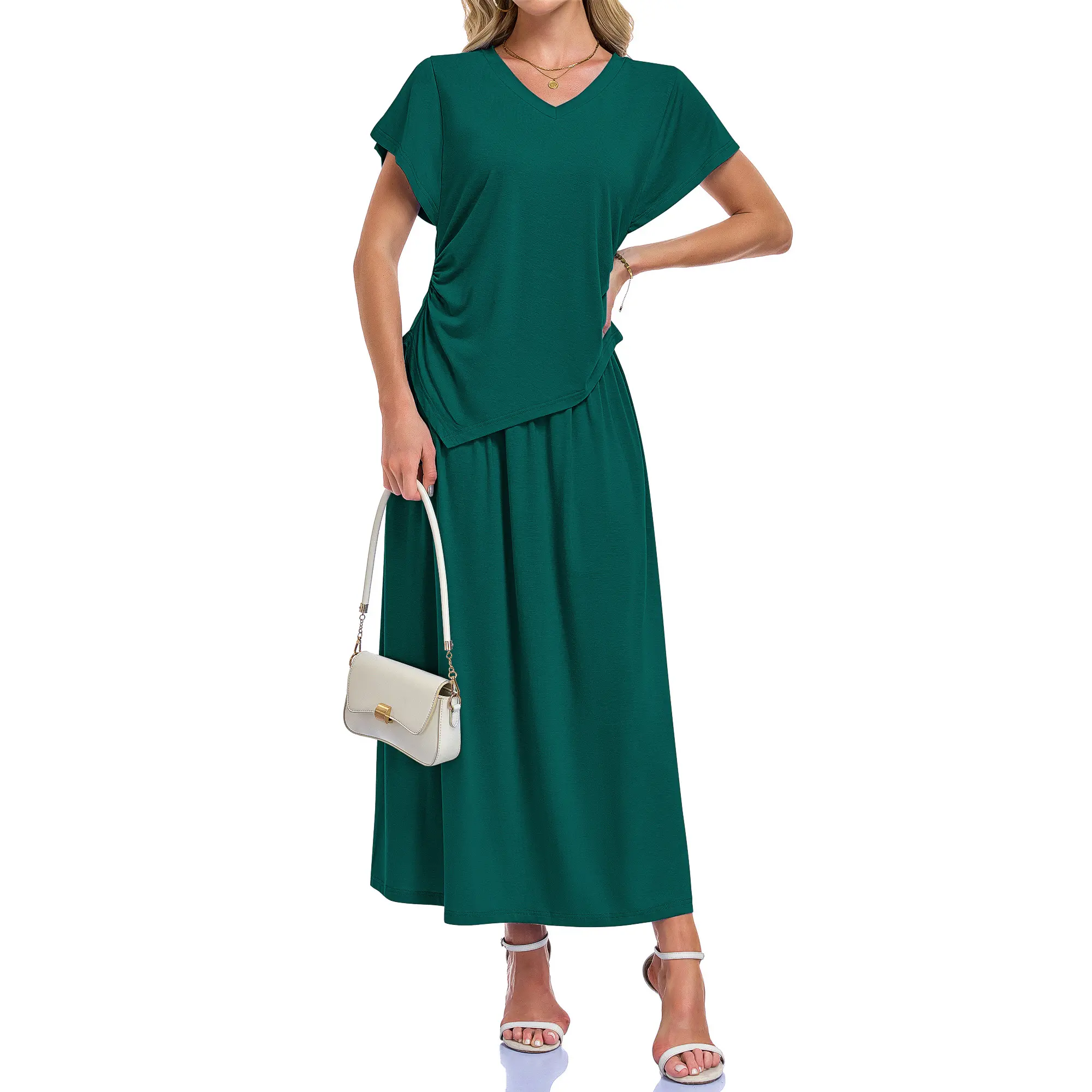 AUSELILY Women's V-neck Two-Piece Skirt Set Waist-Cinching Asymmetrical Top and Elastic-Waist Skirt Matching Outfits 2026 New