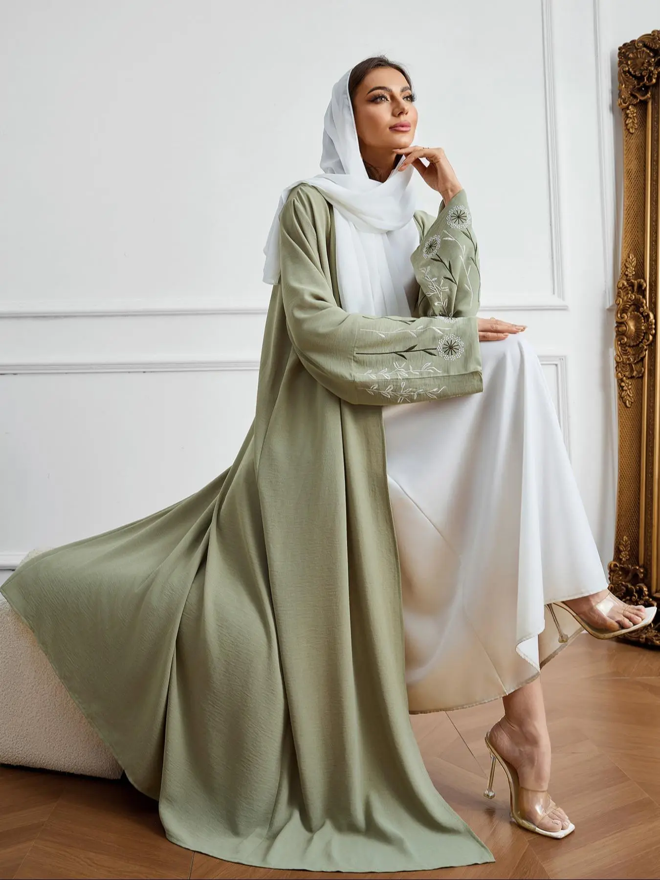 Women's Floral Embroidery Abaya, Floral Embellished Abaya, Modesty Abaya, Loose Abayas, Loose Fit Abaya, Modest Long Sleeve Open Front Abaya for Daily Wear, Islamic Abaya Dress, Ladies Islamic Clothing for All Seasons
