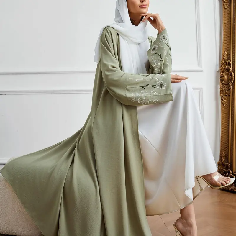 Women's Floral Embroidery Abaya, Floral Embellished Abaya, Modesty Abaya, Loose Abayas, Loose Fit Abaya, Modest Long Sleeve Open Front Abaya for Daily Wear, Ladies Islamic Clothing for All Seasons, Islamic Modesty Clothes