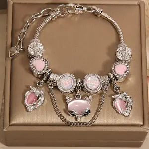 Buy 1 Get 1 Pink Colored Glazing Bead with stainless steel bracelet, Light Luxury Delicate Fox Pendant,Exquisite Trendy Charm Bracelet, Fashionable Jewelry for Women & Girls As Gift, Adjustable Bracelet