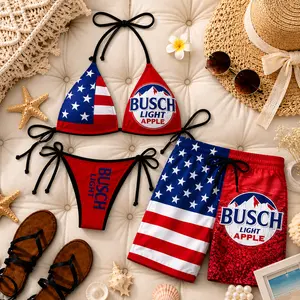 Busch Light Apple-Inspired Couple Swimwear Set - Women's USA Flag Patriotic Bikini, Men's Hawaiian Beach Shorts for Summer Pool Party Vacations