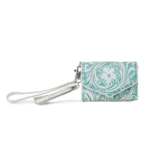 Turquoise Lagoon - Western Tooled Leather Wristlet Wallet – Compact Cowgirl Wallet with Magnetic Closure (5.5” x 3.5”)