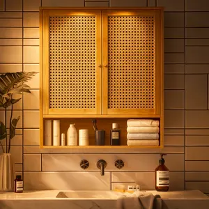 Bamboo Wall Cabinet Bathroom Kitchen | Wall Mounted Storage Organizer, Natural Wood Cupboard, Minimalist Japandi Bathroom & Kitchen Shelf