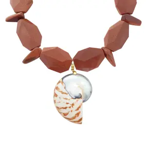 Nautilus large shell pendant with bronze glittery goldstone collar necklace