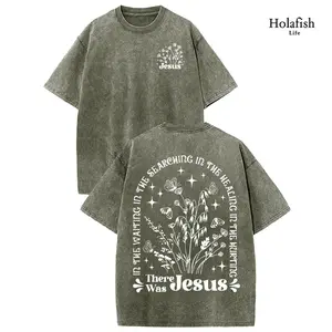 Holafish Womens Acid Wash Cotton T-Shirt Jesus Print with Wildflowers Butterflies and Inspirational Text, Ideal for Church Errands Coffee Dates and Weekend Lounging Relaxed Loose Fit.