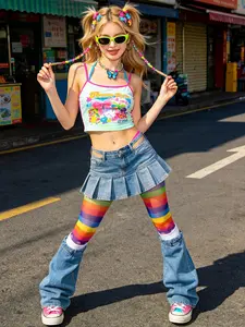 Women's High Elasticity Chic Fit Aesthetic Rainbow Polka Dot Stockings, Slimming Pantyhose for Music Festivals & Cosplay, European Style