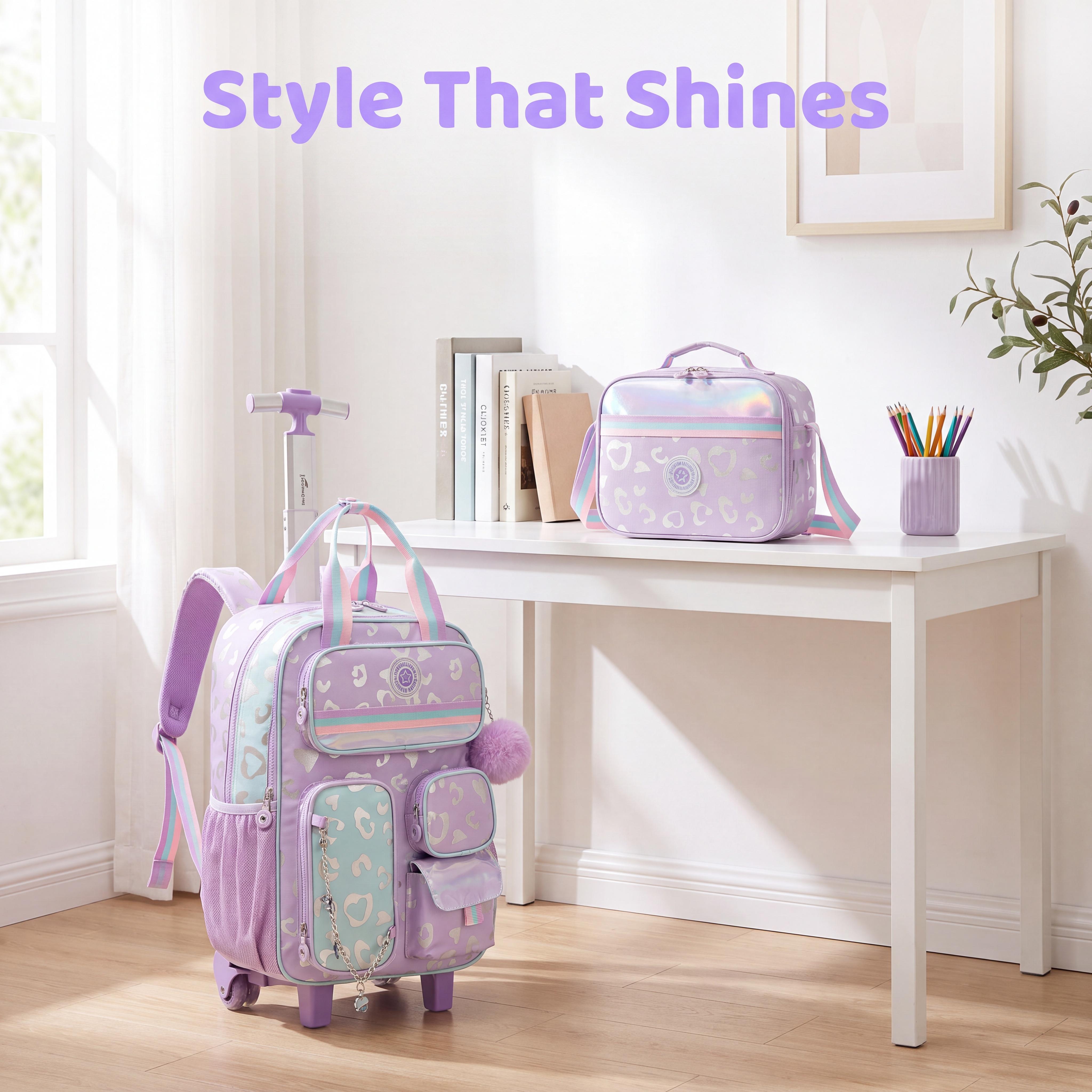 Lavender Purple 3-Piece Rolling Backpack Set for School Use - Polyester Preppy Holiday Trolley Bookbag with Metallic Leopard Heart Print, Multi-Pocket Utility Pouches, Purple Pom Pom, Insulated Lunch Bag & Pencil Case Lavender Purple 3-Piece Rolling Backpack Set for School Use - Polyester Preppy Holiday Trolley Bookbag with Metallic Leopard Heart Print, Multi-Pocket Utility Pouches, Purple Pom Pom, Insulated Lunch Bag & Pencil Case