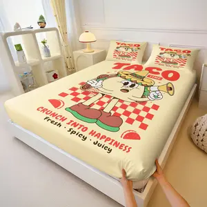Happy Taco Cartoon Fitted Sheet Set, Mexican Fast Food Checkered Bedding, Breathable Durable Digital Print, Non-Slip Deep Pocket, Kids Bedroom Decor