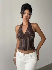 Women'S Striped Stand-Up Collar Single-Breasted Vest Thin Suit Jacket