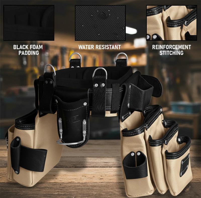 FUERI Holiday Haul Heavy Duty Tool Belt for Men 26 Pockets Beige and Black Nylon Leather Organizer Carpenter Construction Electrician Framing Belt Bag Pouch
