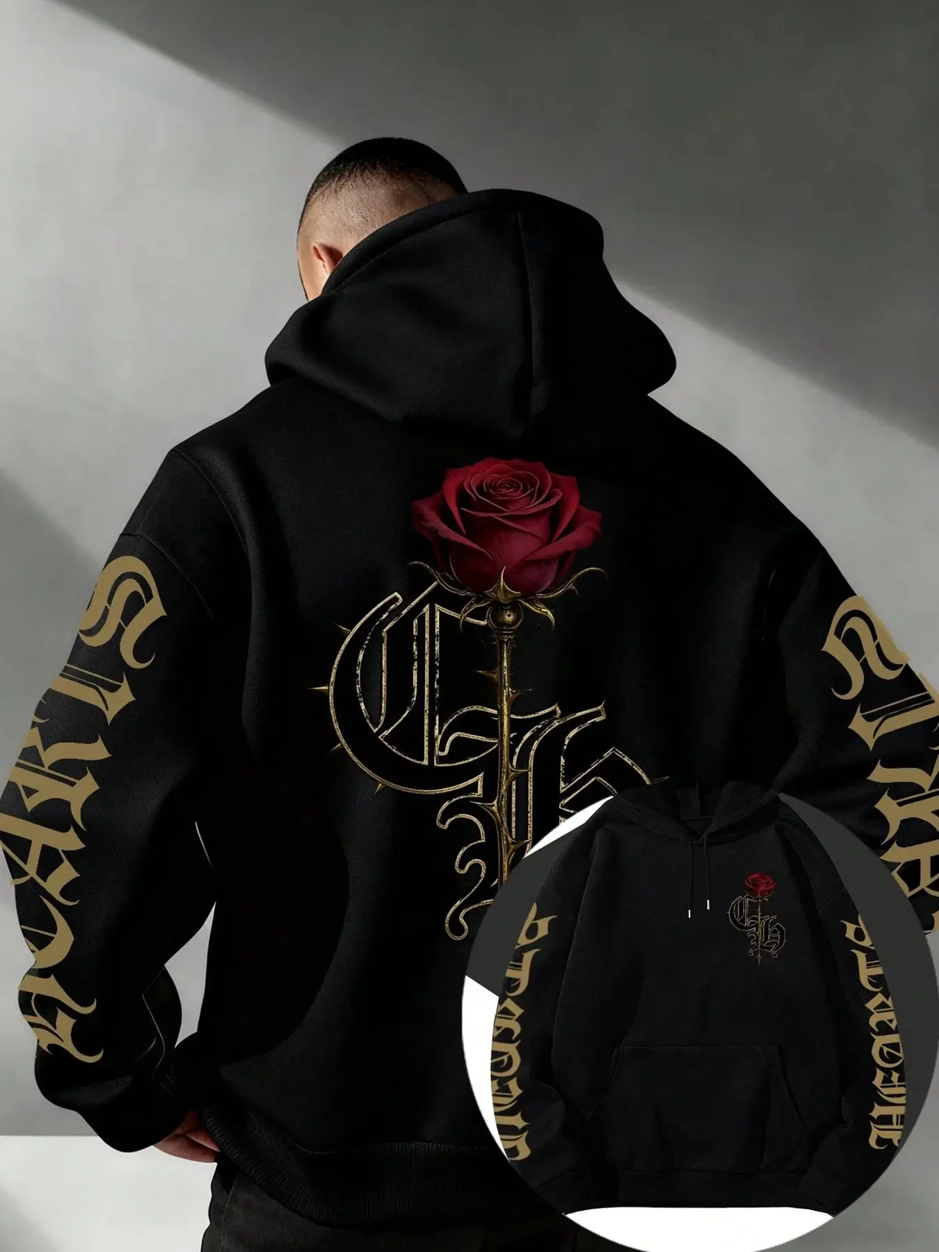 Men's Gothic Rose Gold Letter Print Long Sleeve Hoodie, Y2K Casual Graphic Streetwear Pullover, Fitted, Comfortable Soft Fleece, Casual Fall & Winter Fashion, Sweatshirts