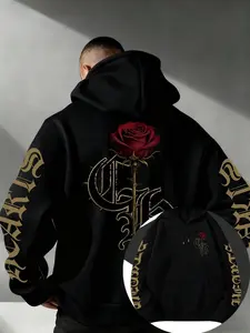 Men's Gothic Rose Gold Letter Print Long Sleeve Hoodie, Y2K Streetwear Pullover, Fitted, Comfortable Soft Fleece, Casual Fall & Winter Fashion, Sweatshirts