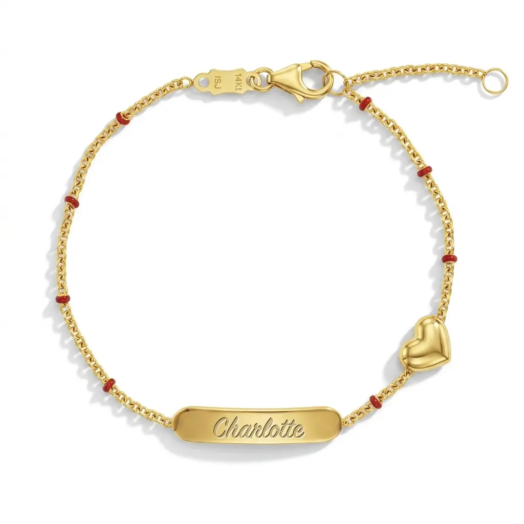 14k Gold 5"- 6" Engravable Heart Baby / Toddler / Kids Bracelet Enamel Satellite Chain