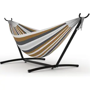 Double Hammock with Space-Saving Steel Stand - 2 Person Portable Heavy Duty Hammock with Carrying Bag for Outdoors & Indoors, Easy Assembly, 350 lbs Capacity, Brown Stripes