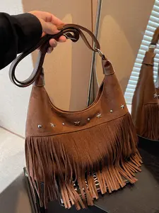 Retro and fashionable one-shoulder saddle bag, trendy and versatile tassel one-shoulder crossbody bag, casual texture one-shoulder commuter bag, suitable for daily matching, commuting and other scenarios, Fringe Hobo Bag