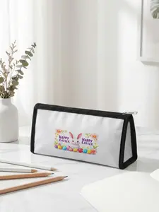 1 piece of Easter limited edition pencil case with 2D printed Easter rabbit 'HappyEaster', ergonomic triangular capacity for portable size|Perfect for students to use in class/office organization, blending festive atmosphere with practicality