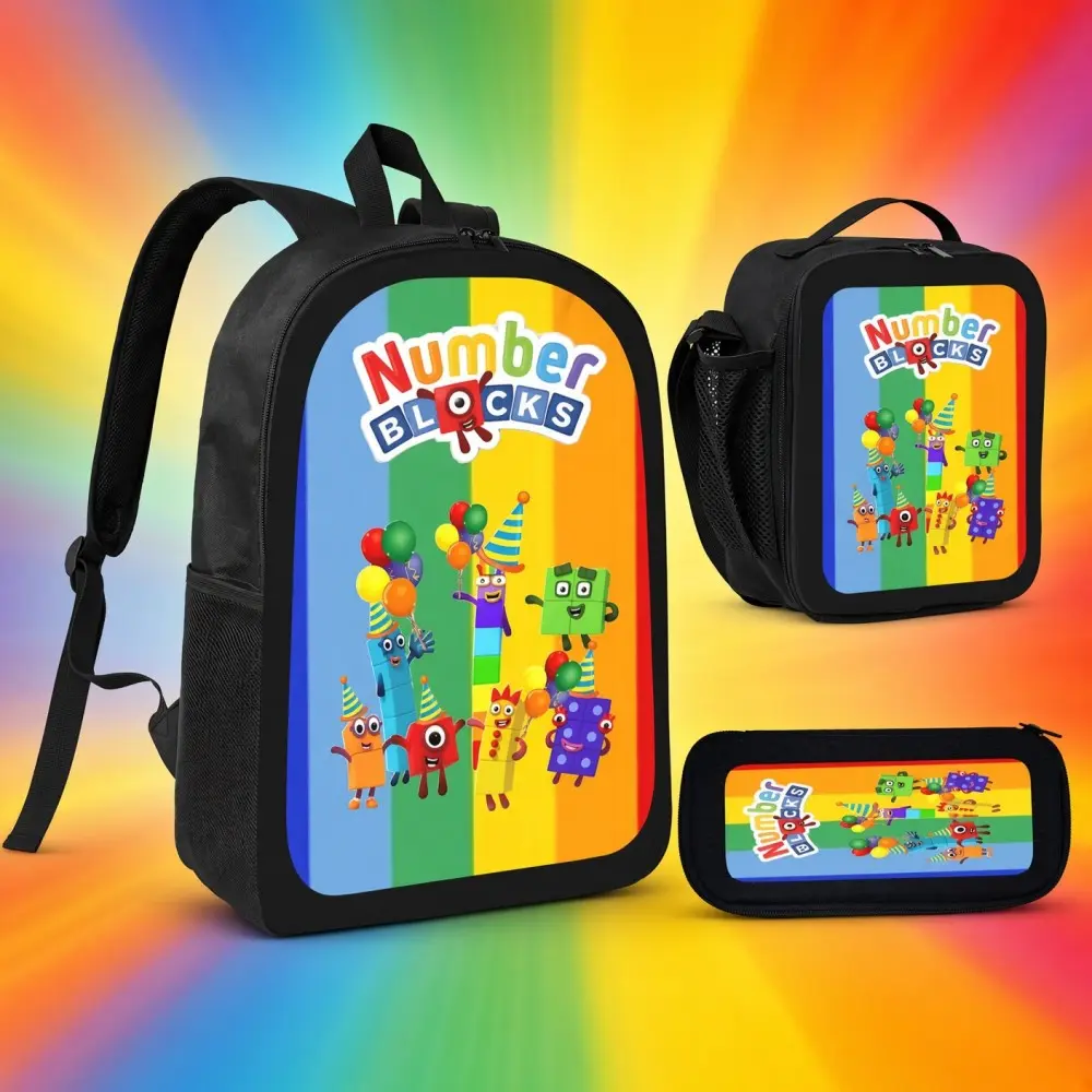Numberblocks 3-Piece Kids Backpack Set - 17in Oxford Rucksack with Lunch Bag & Pencil Case, Bright Rainbow-Stripe Cartoon Print, Educational-Themed Gift for Elementary School Kids
