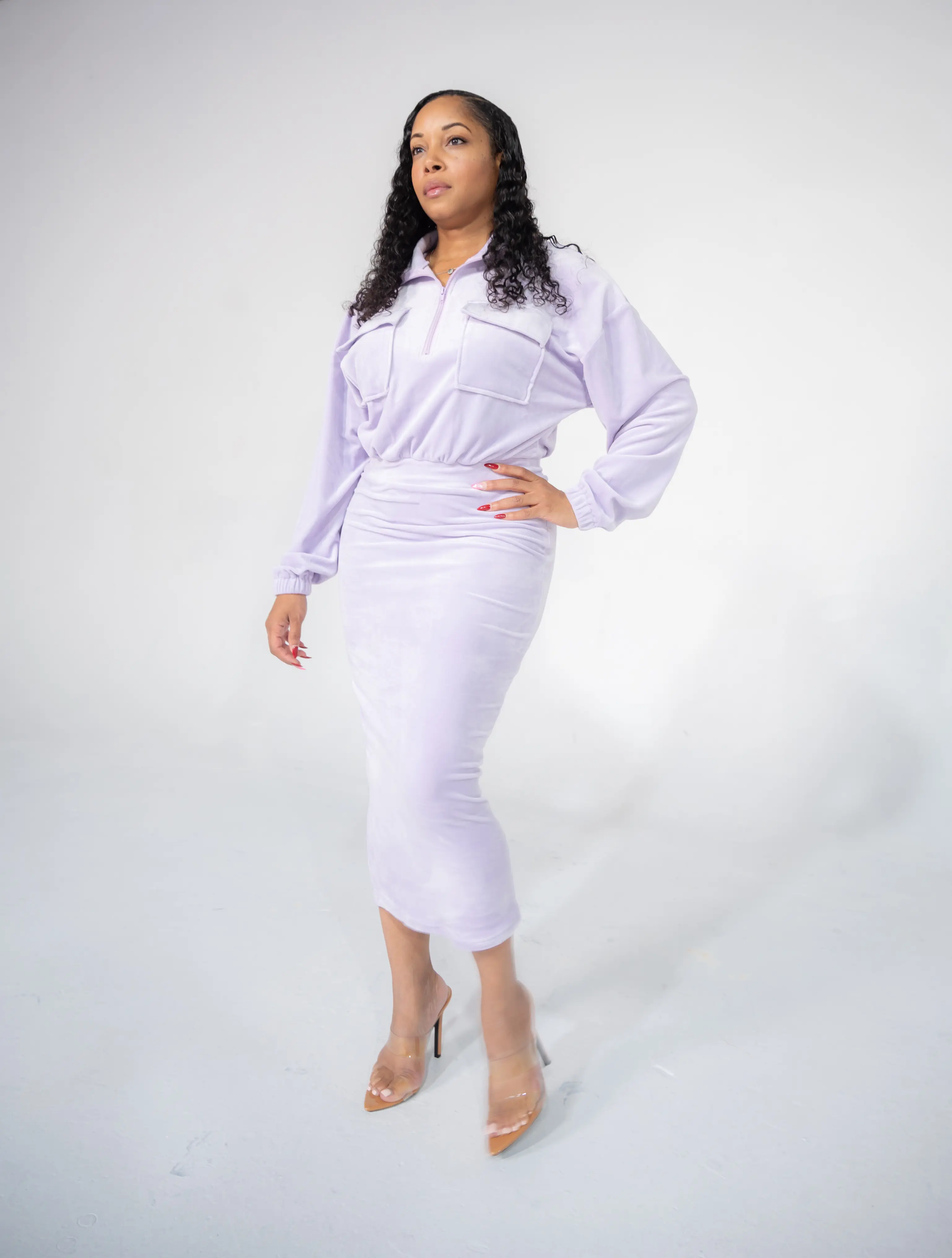 Go Lavender Velour Midi Dress - Versatile Women's Dress for Day to Night Wear with Flattering Silhouette and Premium Fabric