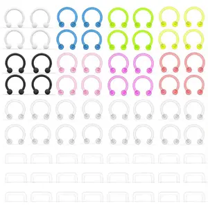 Multi-Color Horseshoe & Square Piercing Set, 60-Piece Acrylic Body Jewelry Pack with Nose Rings, Septum Rings and Barbell Tops, Vibrant Assorted Piercings for All Piercing Types