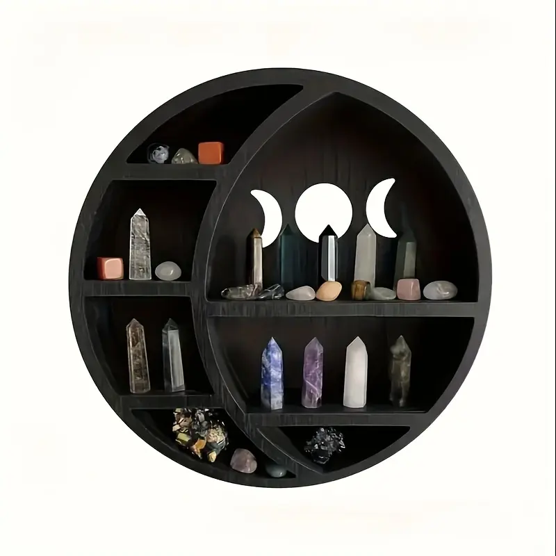 [Popular Choice] 1pc Gothic Wooden Moon Frame - Crystal Display Basket, Crescent Wall Hanging, Bohemian Room Accessories, Neutral Home Decor, Storage Shelf (Pre-Opened Back Small Hole, Includes Black Installation Shelf; Not for Living Room Use), Shelves,
