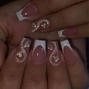 24pcs Rectangle French Heart Nude Acrylic Press-On Nails Set, Nail Kit Set, Includes Jelly Glue and Nail File, Easy Wear, Perfect for Parties and Daily Use