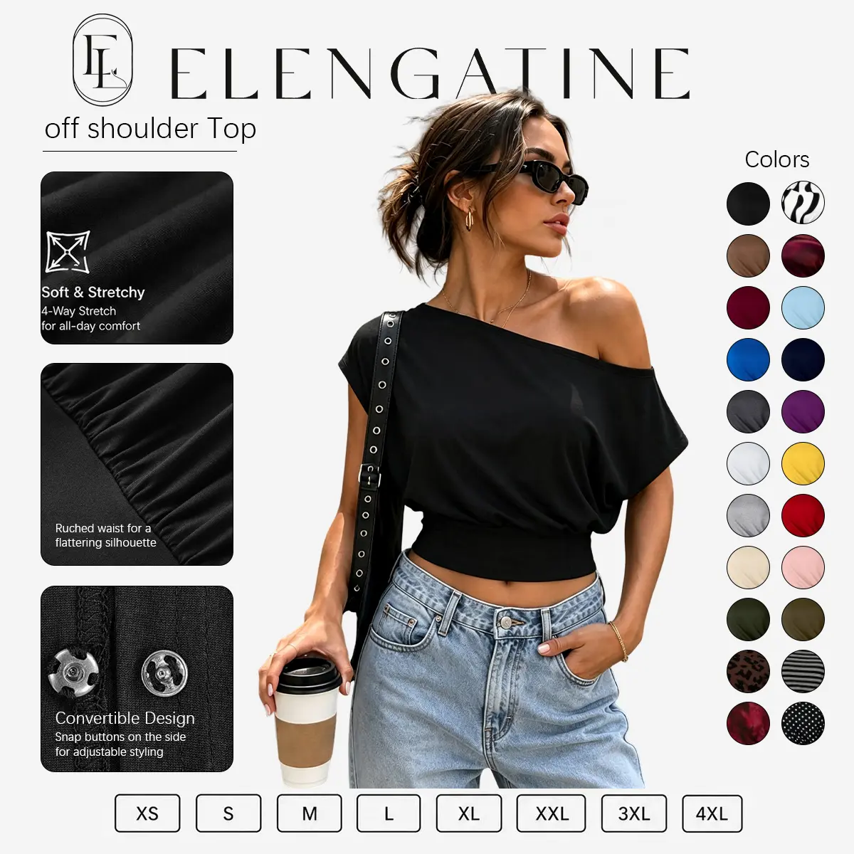 Elengatine Women's Off-Shoulder Crop Top - Soft Stretchy Slim-Fit Short-Sleeve  Women's Clothes, Streetwear Trending Y2K Night Out Top for Summer，This blouse features open underarm & side split design，hidden button closure that can be opened or closed
