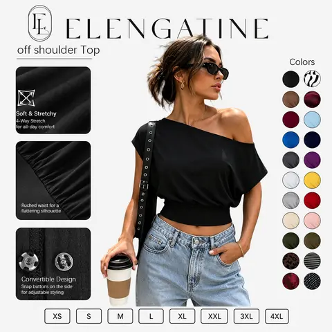 Elengatine Women's Off-Shoulder Crop T-Shirt - Soft Stretchy Slim-Fit Short-Sleeve Top with Open Underarm, Side Split, Hidden Button Closure, Brand Clothing, Special Clothing, Club Clothes for Women, Girly Feminine Items for Summer Night Out,sohochic
