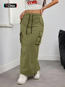 Women's Utility Skirt, Side Drawstring Hem, Streetwear/Y2K Style, Office Essential, Long Fitted Skirt, All Seasons Casual Wear