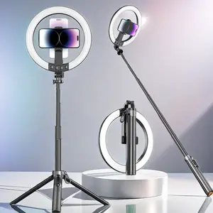 10 Inch Ring Light with Selfie Stick Tripod Holder, Pop Open Stand, 3 Color Temperatures, Wirelessr Remote Control Extensible Selfie Pole, Rechargeable Battery, Selfie Accessories