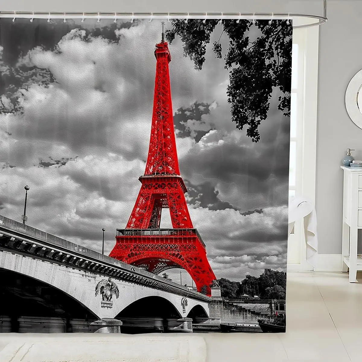 Eiffel Tower Shower Curtain Chic Paris Theme Bathroom Shower Curtain Stalls Bathtubs Bright Red Paris Cityscape Bath Curtain Modern French Style Waterproof Curtain Room Decor 7 L