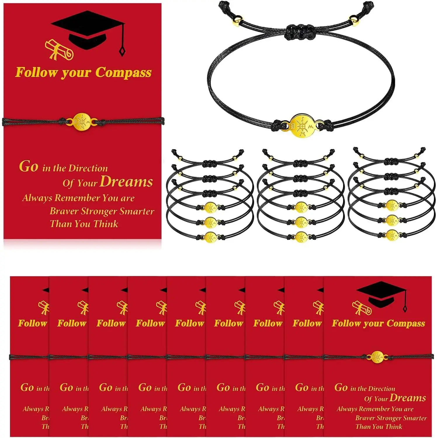 10-Pack Compass Charm Bracelets for Cousins & Friends, Plated Alloy on Adjustable Black Rope (18-30cm), Unisex Size Graduation Gift with Blessing Cards, College Graduation Gift