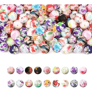 54 count Flower  Beads Set 15mm Round  Beads Bulk Floral Print Rubber Focal Bead Flower DIY Crafts Loose Spacer Bead for Pens  Bracelet Necklace Lanyard Making