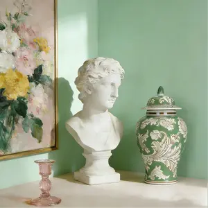 11″ Green Ginger Jar Traditional Peony Temple Jar with Lid Chinoiserie Vase Chinese Style Ginger Jars Antique Home Decor and Interior Design