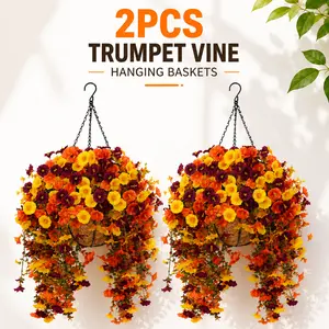 2PCS Autumn Trumpet Vine Hanging Baskets – Decorative Faux Flower, UV Resistant Outdoor Artificial Flower Bundles, Realistic Hanging Flowers, Vibrant Fall Porch Decor for Patio, Balcony, Garden, Front Door & Home Decoration