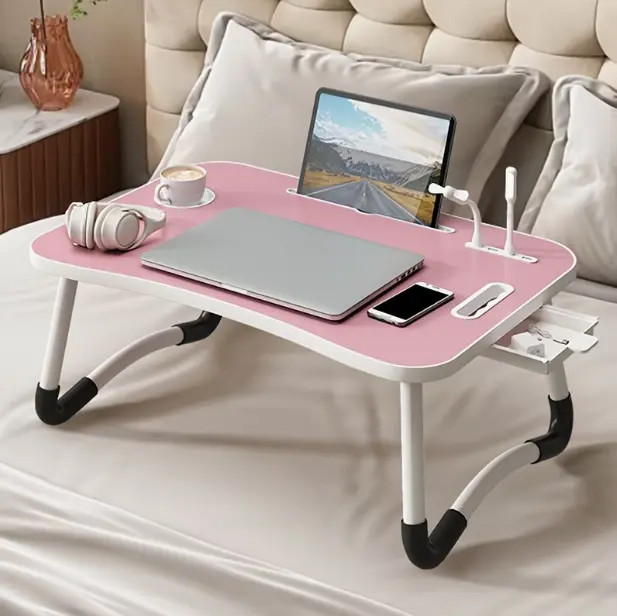 Ultra-Large Foldable Sturdy Fiberboard Laptop Bed Table - USB Charging Port, Cup Holder, Eating Space, Fan, Light, Drawers, Portable, Space-Saving for Bedroom Electronics, Education Use (Suitable for All Ages)