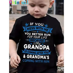 Boys Casual Crew Neck T-Shirt, Polyester Knit Fabric with Slight Stretch, Alphabet Pattern, Regular Fit, with Grandparent Warning Graphic, for Children Aged 12 and Under, Spring/Summer Top