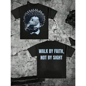 Hand Over Eyes Graphic Tee Walk By Faith Not By Sight Oversized Streetwear Short Sleeve Crewneck Black Unisex Mens Casual Cotton Shirt